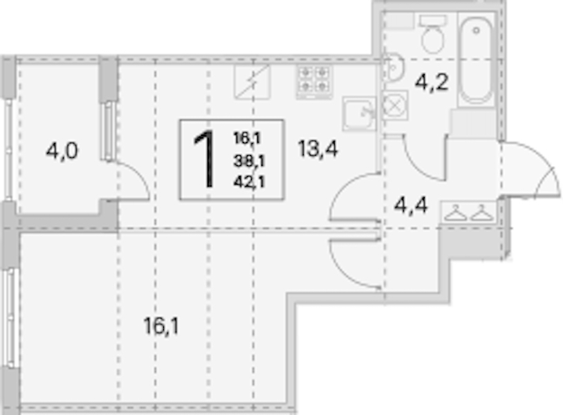 1-комнатная квартира 38.1 м², 4/5 эт., ЖК «ЮгТаун. Олимпийские кварталы»